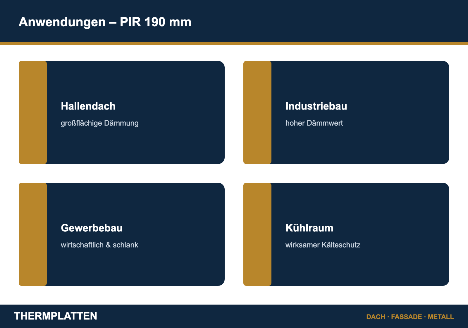 Anwendungen der PIR-Dämmplatte 190 mm: Hallendach, Industriebau, Gewerbebau, Kühlraum
