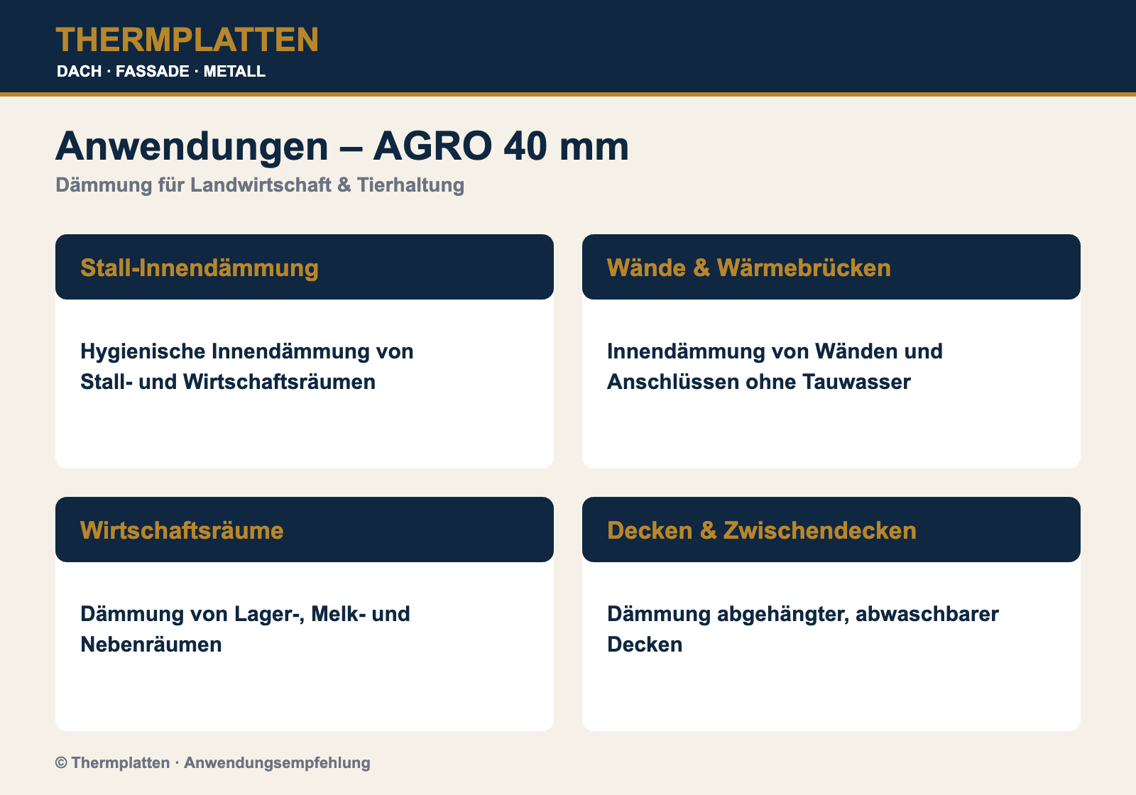 Anwendungen PIR 40 mm AGRO: Stall-Innendämmung, Wände, Wärmebrücken, Decken