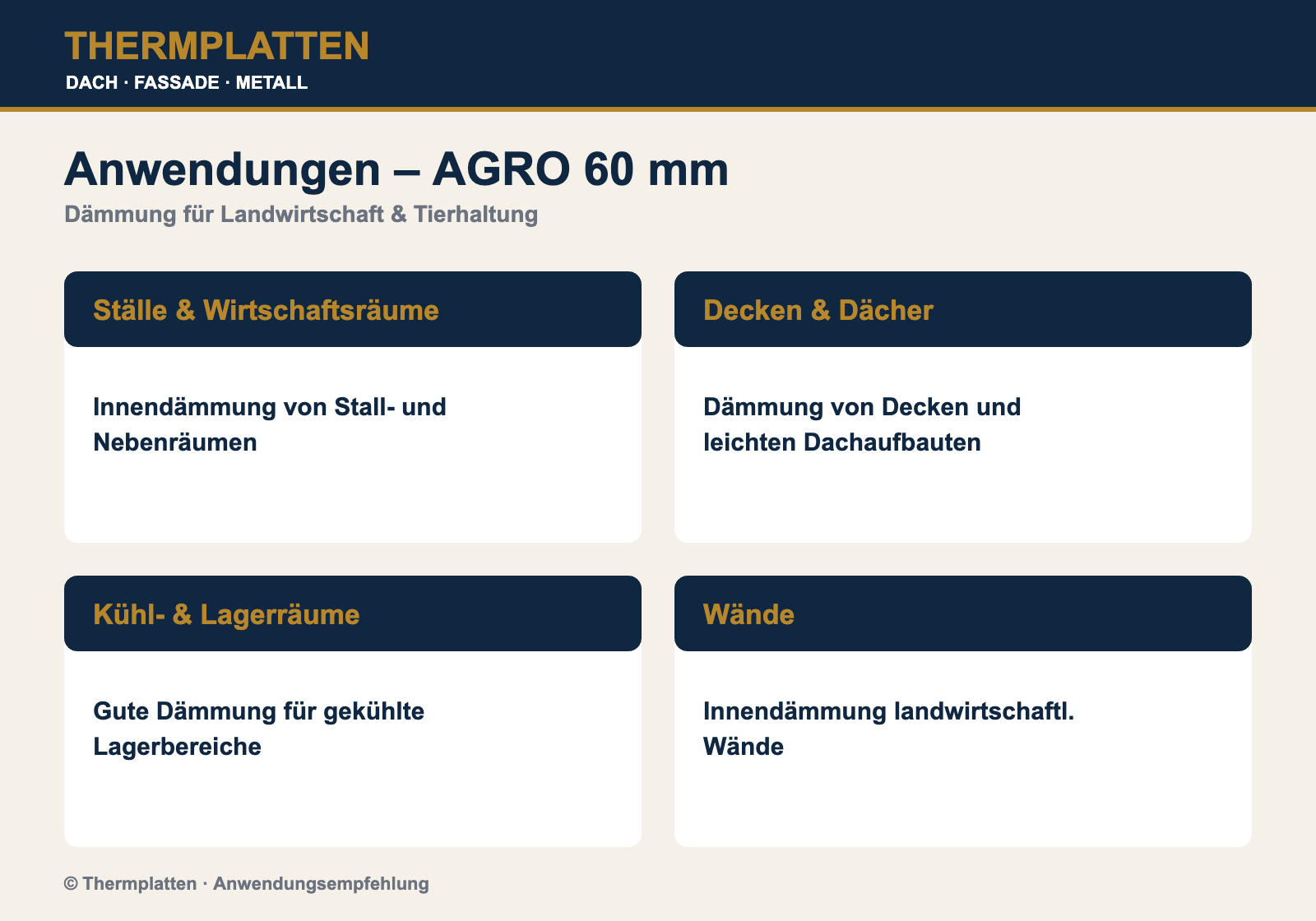 Anwendungen PIR 60 mm AGRO: Ställe, Decken, Kühlräume, Wände