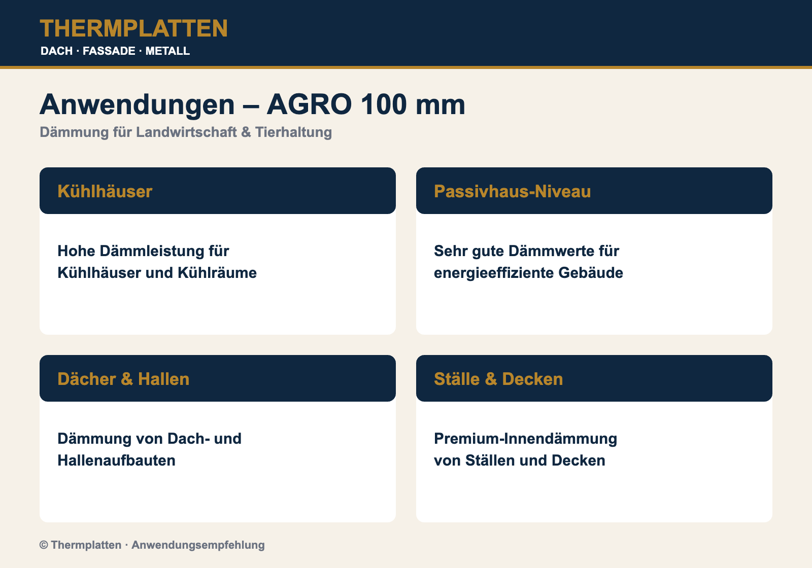 Anwendungen PIR 100 mm AGRO: Kühlhäuser, Passivhaus, Dächer, Ställe