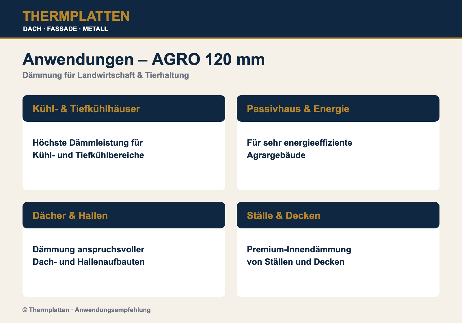 Anwendungen PIR 120 mm AGRO: Tiefkühlhäuser, Passivhaus, Dächer, Ställe
