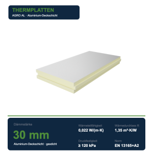 Thermplatten PIR-Dämmplatte 30 mm AGRO-ALU – Innendämmung, Wand & Stall (Aluminium beidseitig)