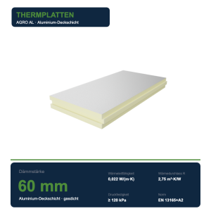 Thermplatten PIR-Dämmplatte 60 mm AGRO-ALU – Dach, Aufsparren & Boden (Aluminium beidseitig)