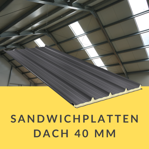 Sandwich-Dachpaneel 40 mm, PU-Kern, 5-Sicken-Profil, Nutzbreite 1.000 mm, RAL 7016 (Anthrazit) und RAL 9006 (Silber), U-Wert ca. 0,55 W/m²K – ideal für Garagen, Carports und Nebengebäude