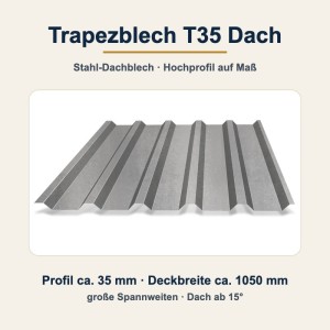 Trapezblech T35 Dach – Stahl-Hochprofil-Dachblech auf Maß, ab 15° Dachneigung