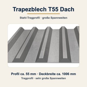 Trapezblech T55 Dach – Stahl-Tragprofil-Dachblech auf Maß, große Spannweiten